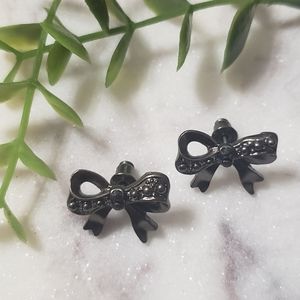 Black Metal and Rhinestone Bow Stud Earrings
